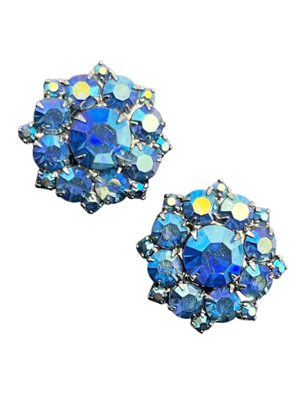 Blue aurora borealis rhinestone silver tone clip on vintage earrings